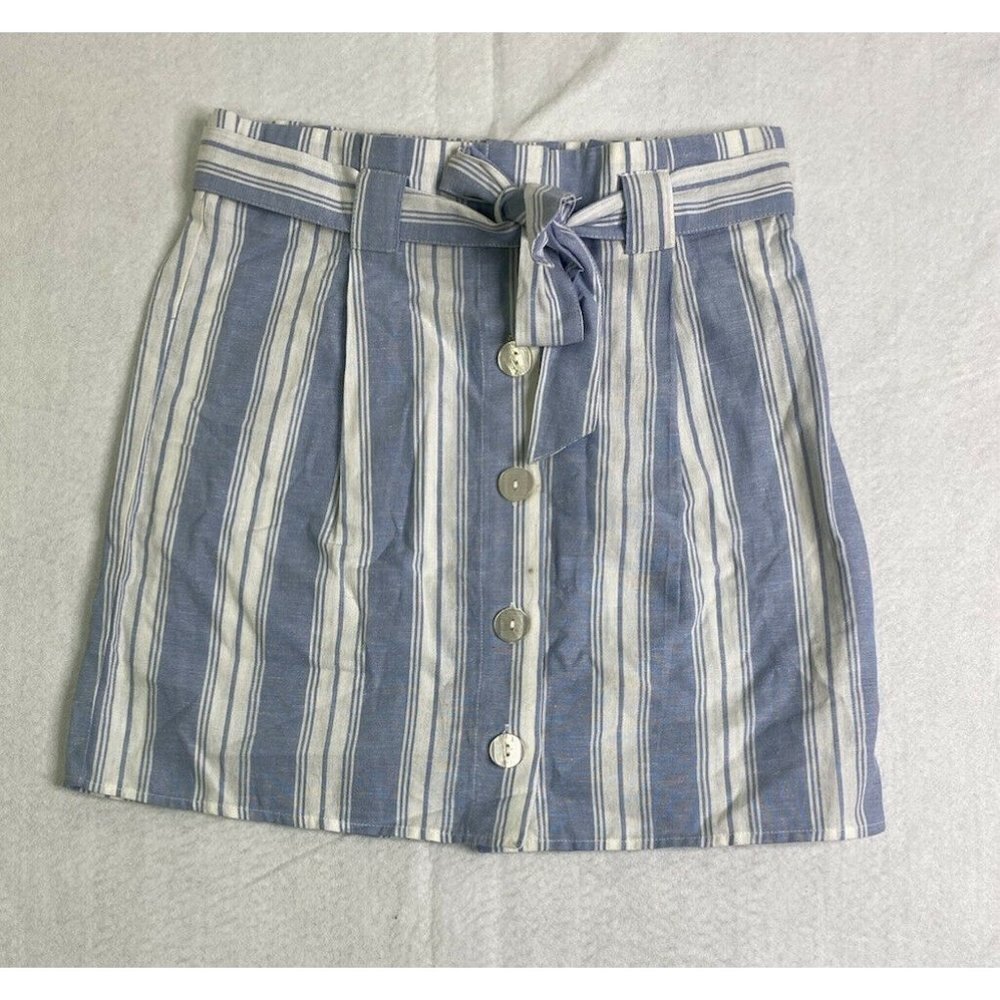 Planet Gold Womens Blue White Paperbag Waist Tie Belt Button Front Skirt Size L